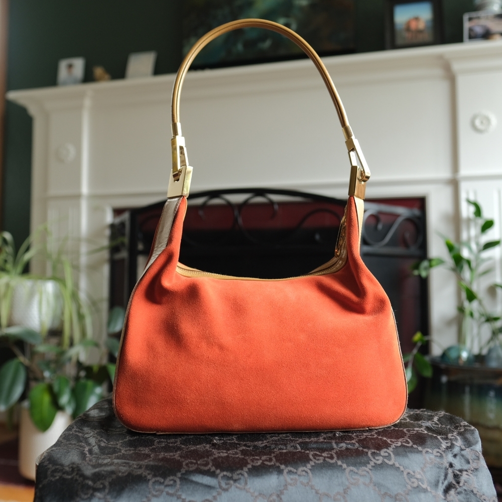 Gucci Orange Suede and Tan Leather Shoulder Bag